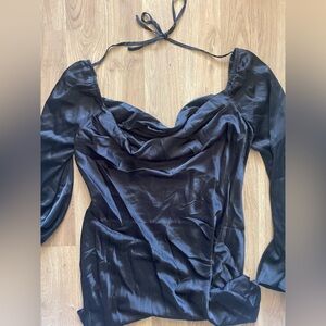Satin cow neck, black mini dress
